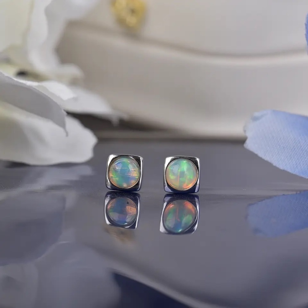 Natural Ethiopia Real Opal Ear Studs - Rainbows Opal Sterling Silver Earrings